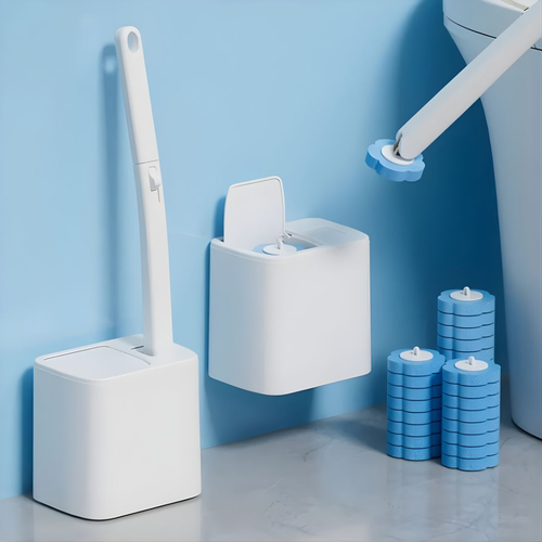 Heroza™ cepillo de váter V1 con soporte de pared y cabezales de repuesto azules